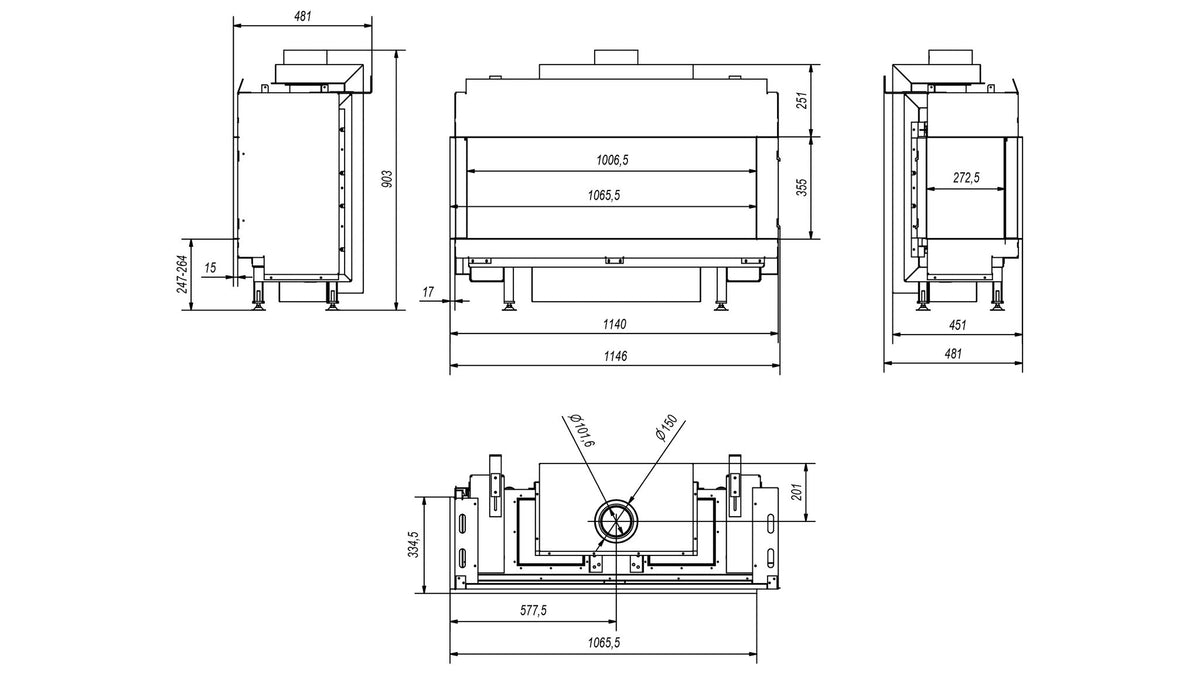 Technische maattekening van de Kratki LEO 100 hoekmodel links