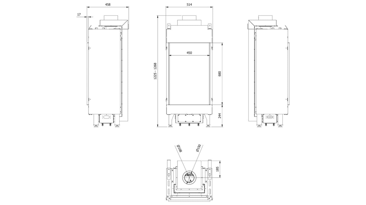 Overzichtsbeeld van de Kratki LEO 45/68 gasinsert met afmetingen