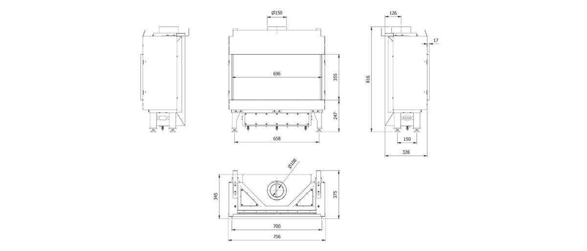 Technische tekening met afmetingen van de Kratki LEO 70
