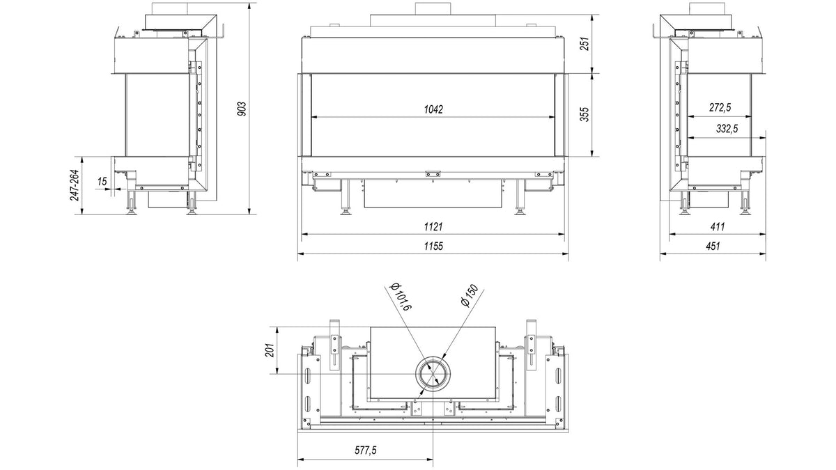 Technische maattekening van de Kratki LEO LP 100 driezijdige gashaard