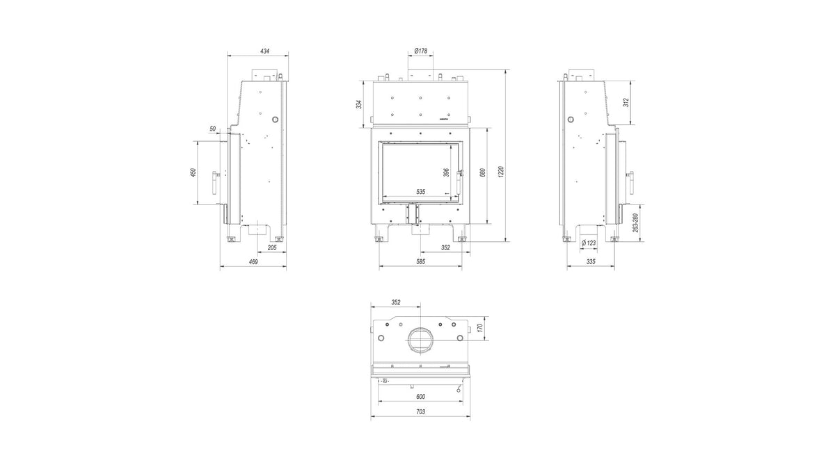 Technische maattekening van de Kratki MBM PW 10 met watervoering
