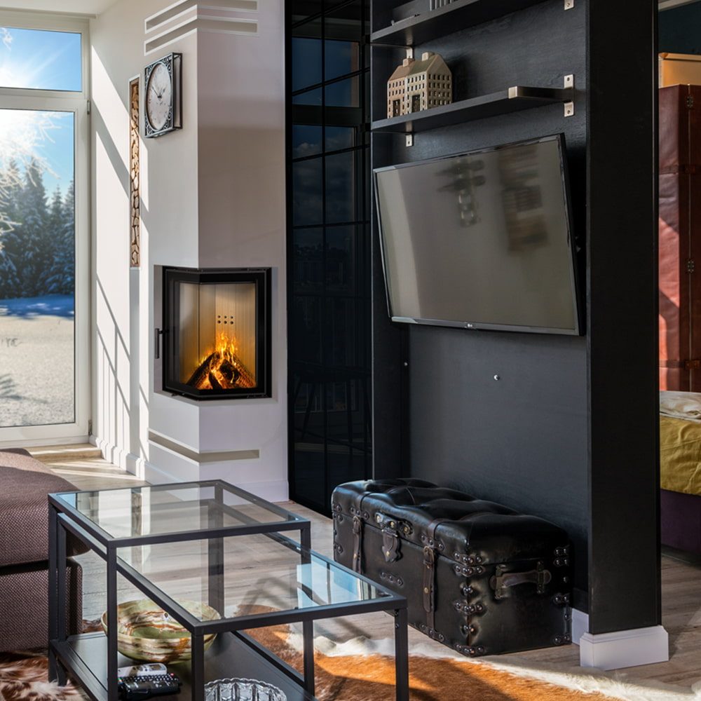 Kratki MBN 680 hoekinbouwhaard hout 10 kW, hoek rechts – productfoto