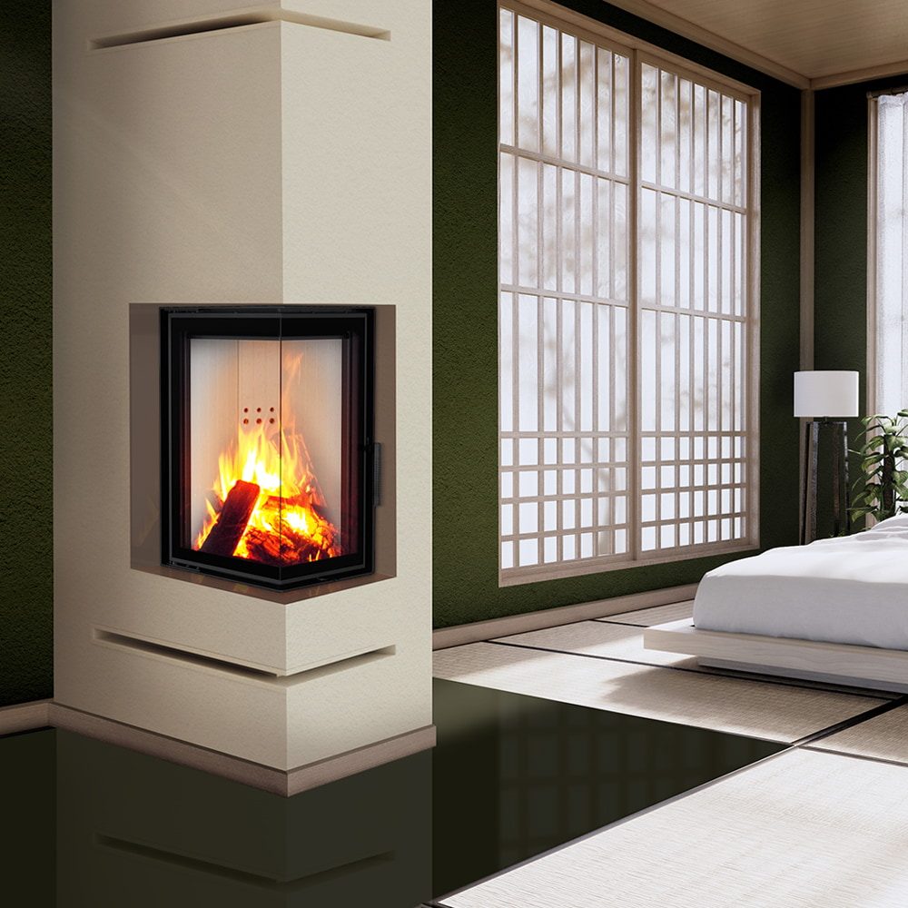 Kratki MBN 680 hoekinbouwhaard hout 10 kW, hoek links – productfoto