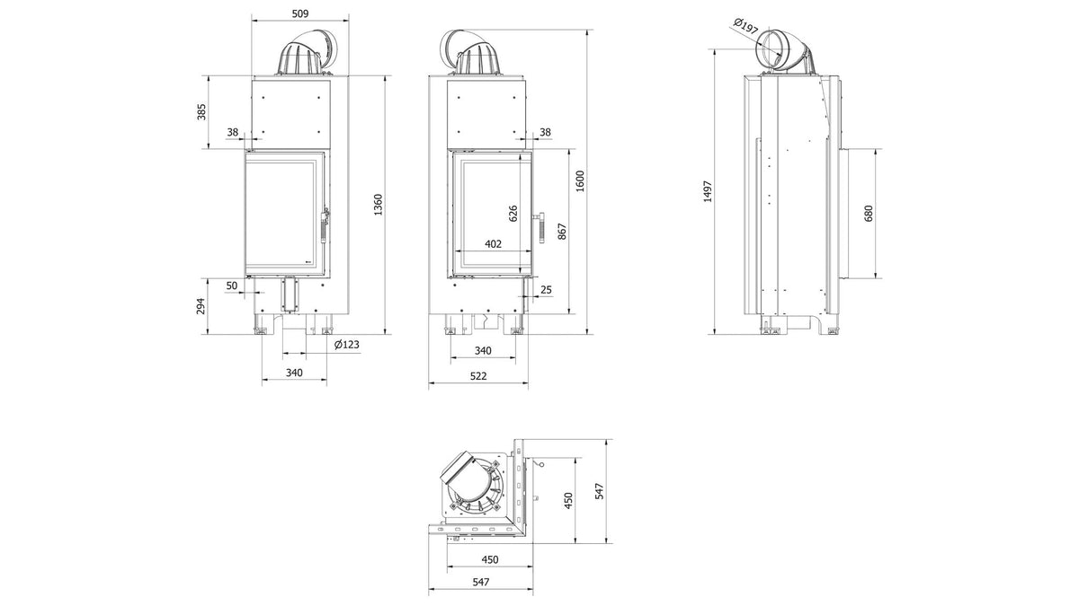 Kratki MBN 680 hoekinbouwhaard hout 10 kW, hoek links – technische tekening