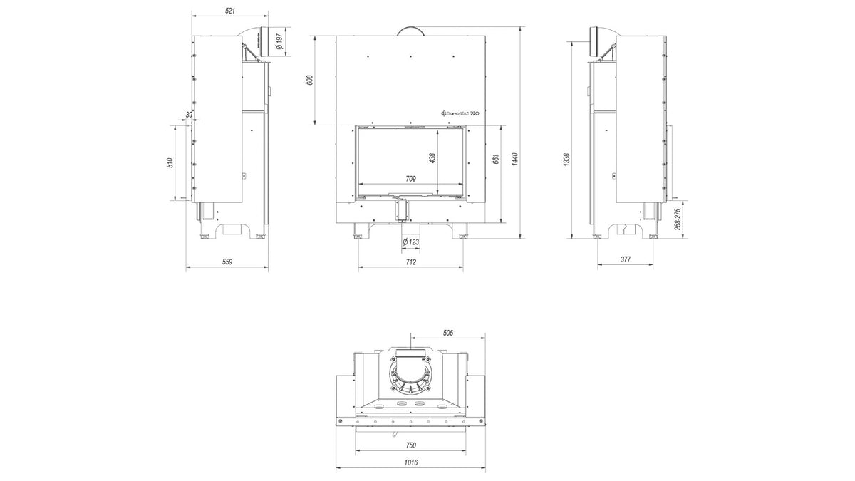 Kratki MBO inbouwhaard hout 15 kW, recht met liftdeur – technische tekening