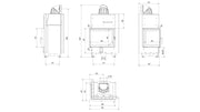 Kratki MBZ inbouwhaard hout, hoekmodel links – technische tekening met maten