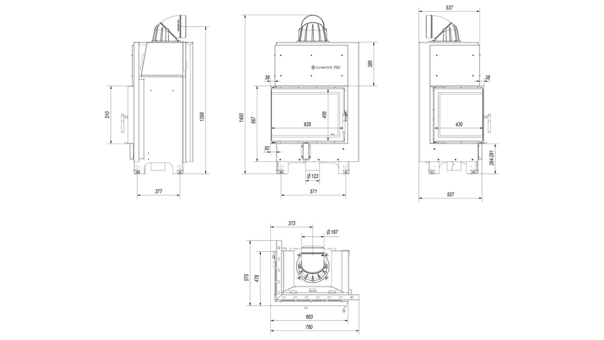 Kratki MBZ inbouwhaard hout, hoekmodel links – technische tekening met maten