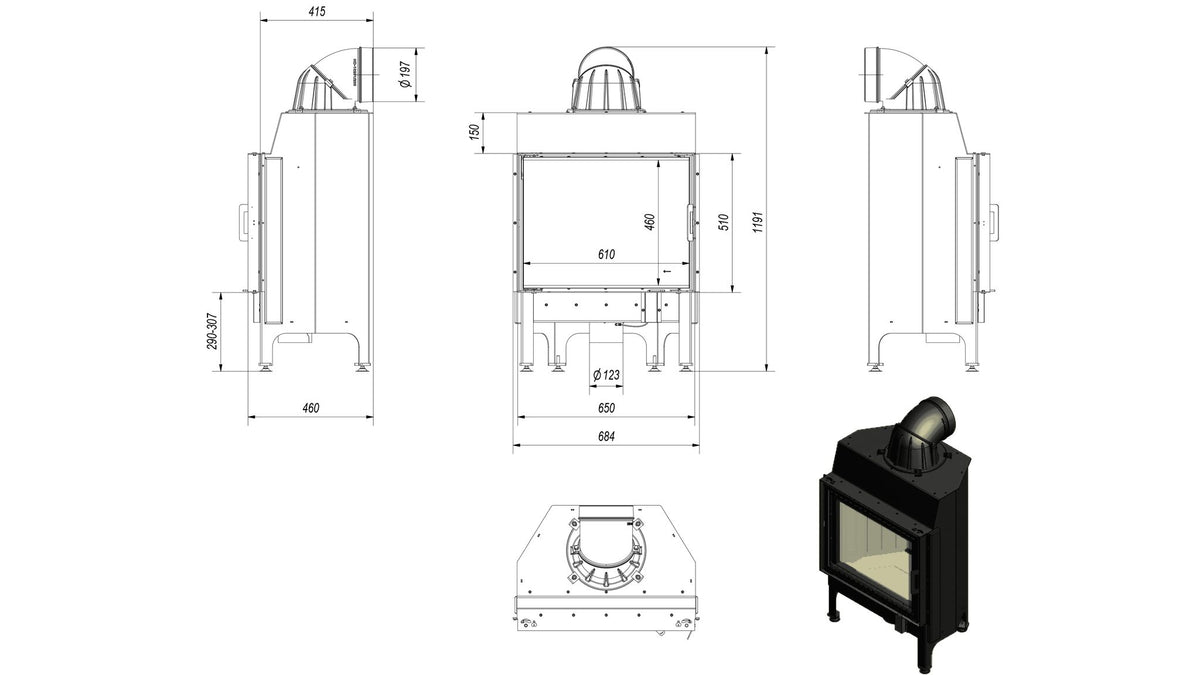 Kratki NADIA 10 inbouwhaard hout 10 kW, draaideur – technische tekening