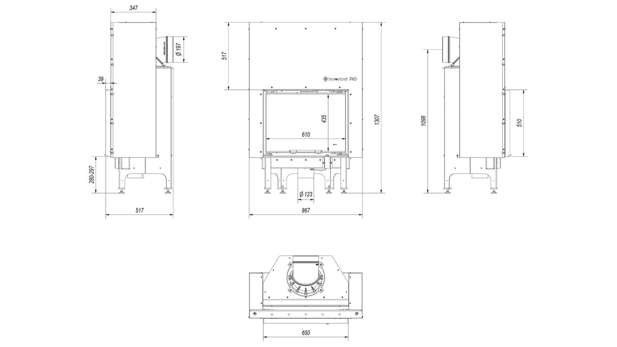 Kratki NADIA 10 inbouwhaard hout 10 kW, liftdeur – technische tekening