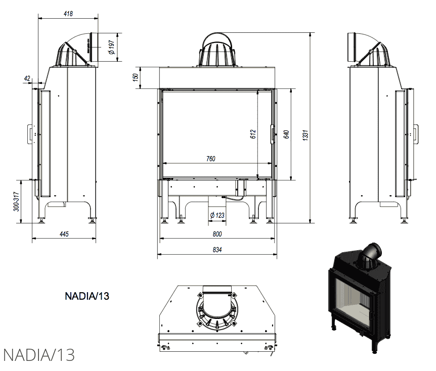 Kratki NADIA 13 inbouwhaard hout, dubbel glas – technische tekening met maten