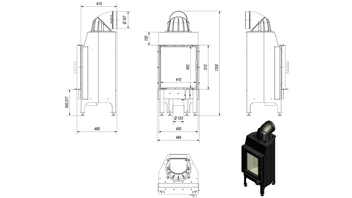 Kratki NADIA 8 inbouwhaard hout, standaarduitvoering – technische tekening met maten