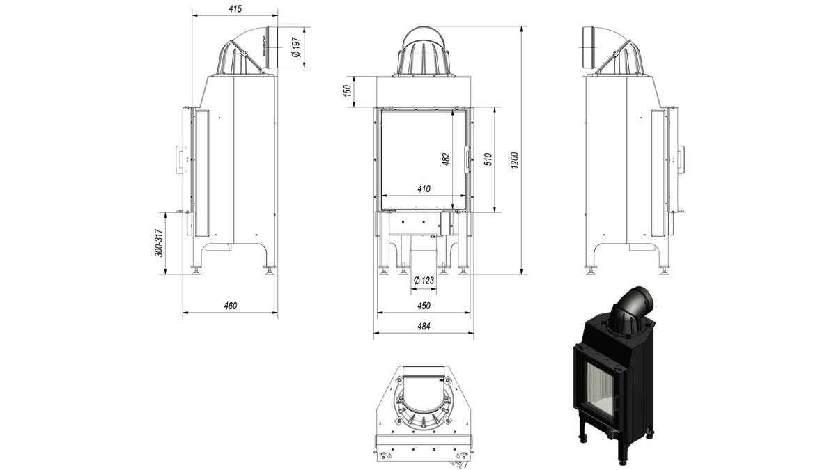 Kratki NADIA 8 inbouwhaard hout, zelfsluitende deur – technische tekening met maten