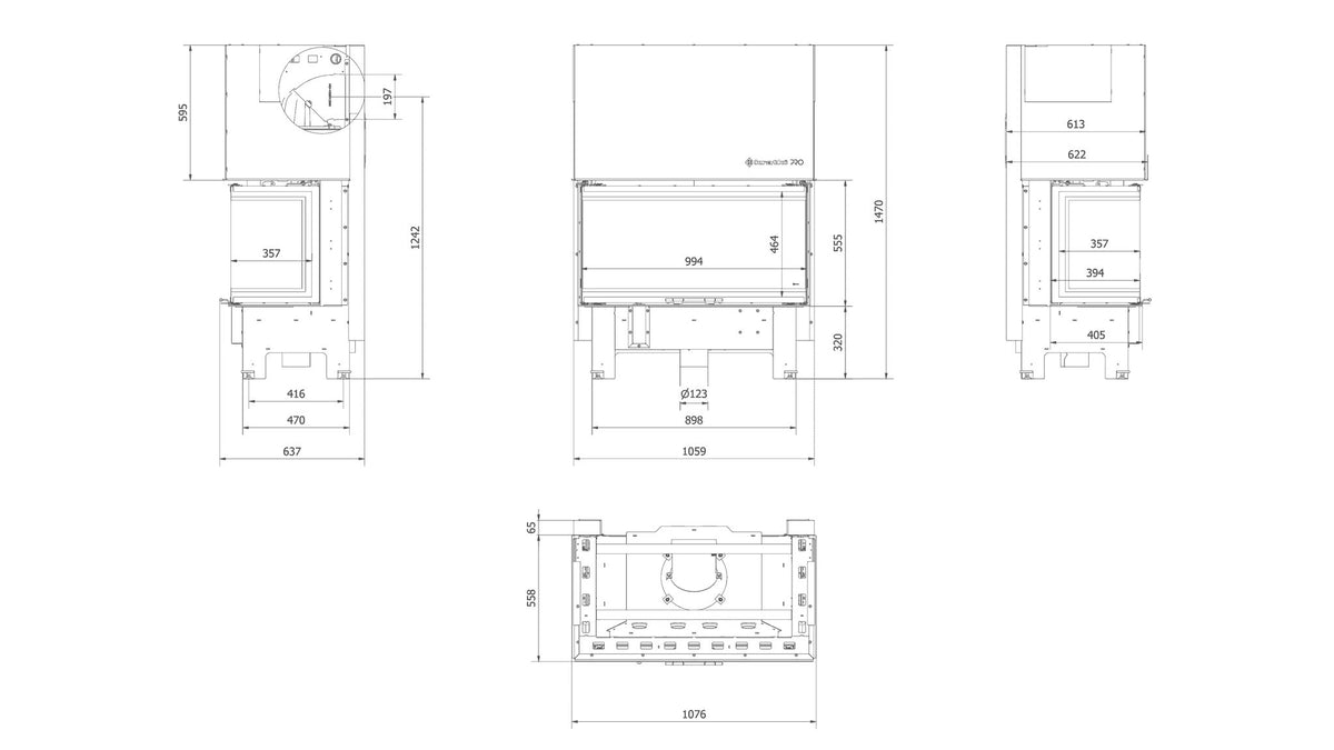 Kratki NBC 1000/400 inbouwhaard hout, driezijdig met zwarte Thermotec – technische tekening met maten