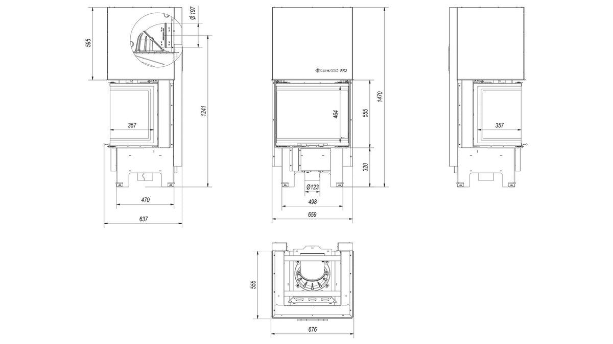 Kratki NBC 600/400 driezijdige inbouwhaard hout 9 kW, driezijdig glas – technische tekening