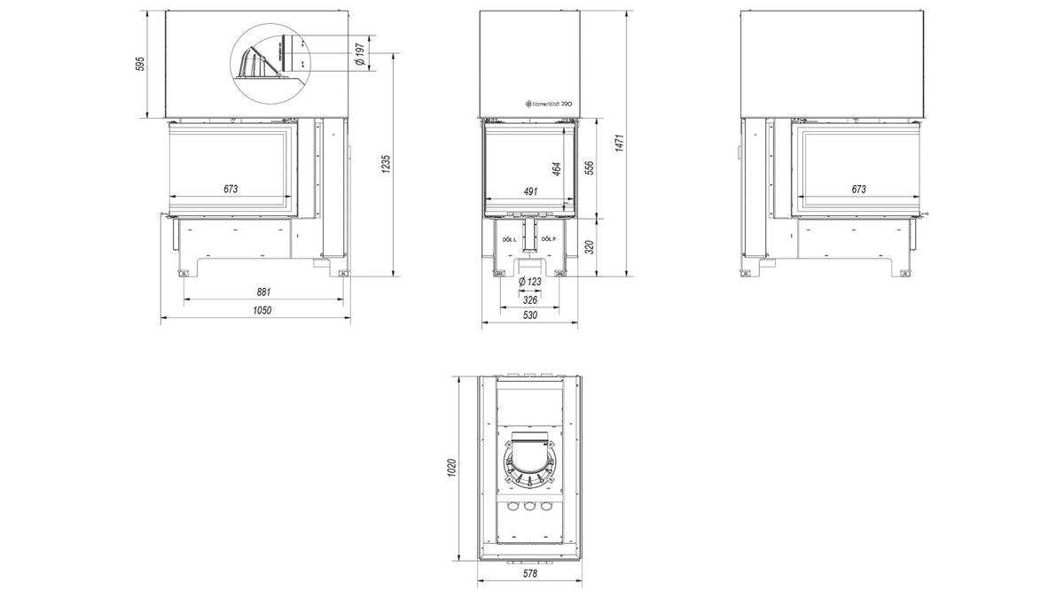Kratki NBU 500/700 driezijdige inbouwhaard hout 11 kW, driezijdig glas – technische tekening