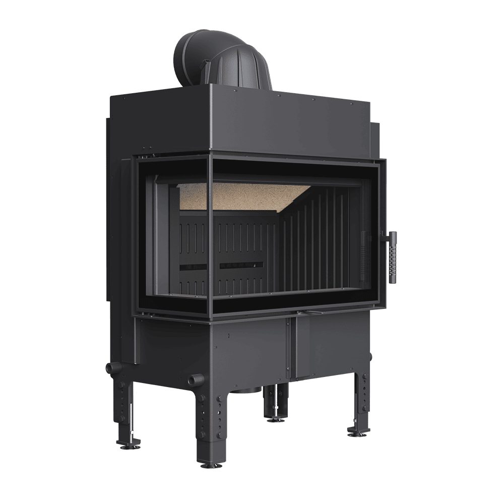 Kratki NORRA warmte-accumulerende inbouwhaard hout, hoek links, zwarte bekleding – productfoto