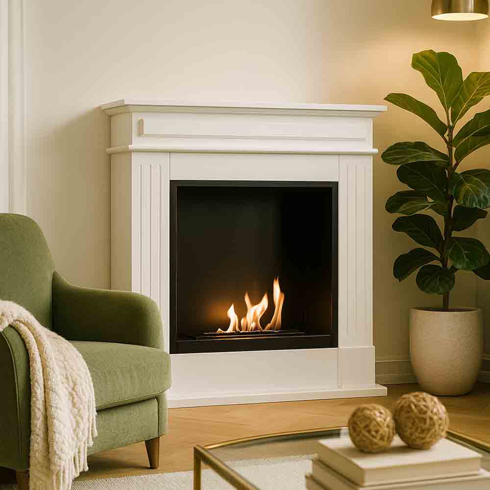 Witte Kratki NOVEMBER/P bio-ethanol haard in een woonkamer