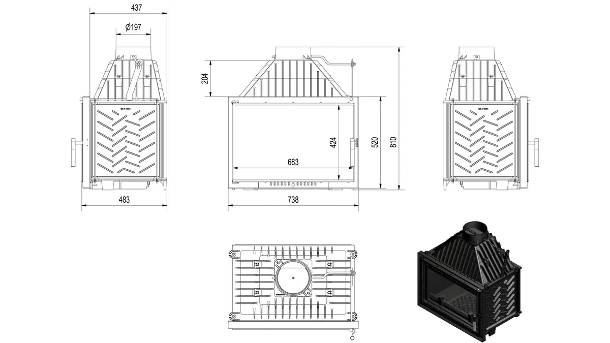 Technische maattekening van de Kratki OLIWIA DECO inbouwhaard
