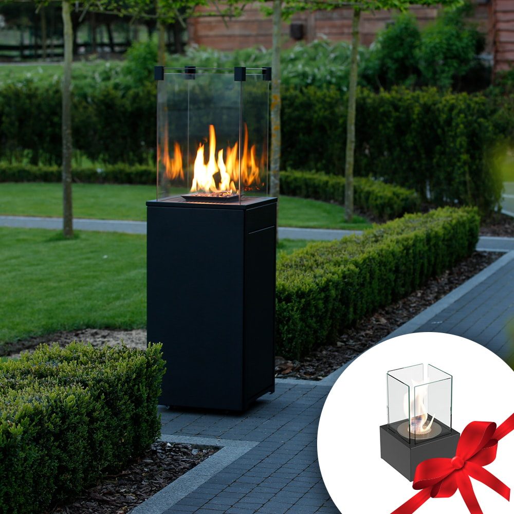Kratki PATIO MINI terrasverwarmer op gas in staal met TANGO 1 bio-ethanol haard in zwart