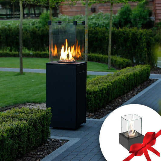 Kratki PATIO MINI terrasverwarmer op gas in staal met TANGO 1 bio-ethanol haard in zwart