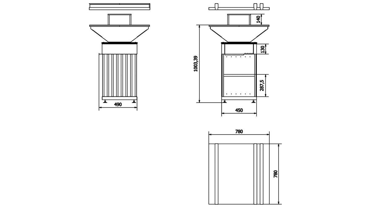 Technische tekening met afmetingen van de Kratki QUADRUM BBQ V