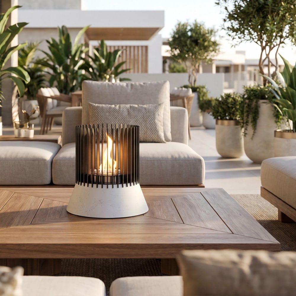 Kratki RIBO zwart met witte betonvoet in een modern interieur