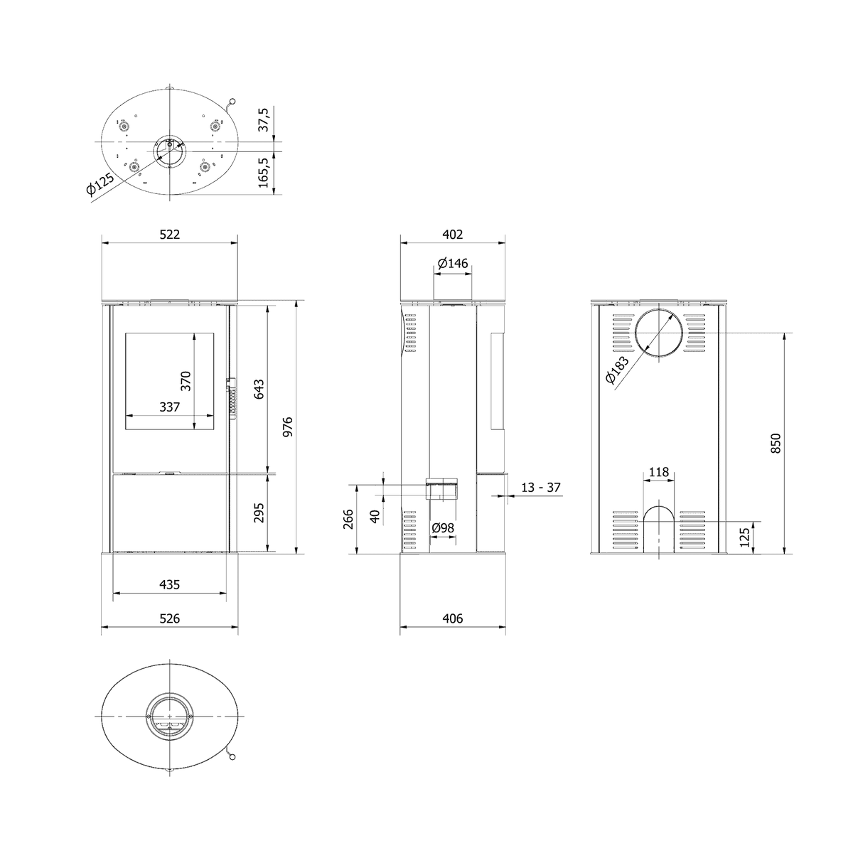 Technische tekening van de Kratki ROLLO houtkachel met afmetingen