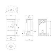 Technische tekening van de Kratki ROLLO houtkachel met afmetingen