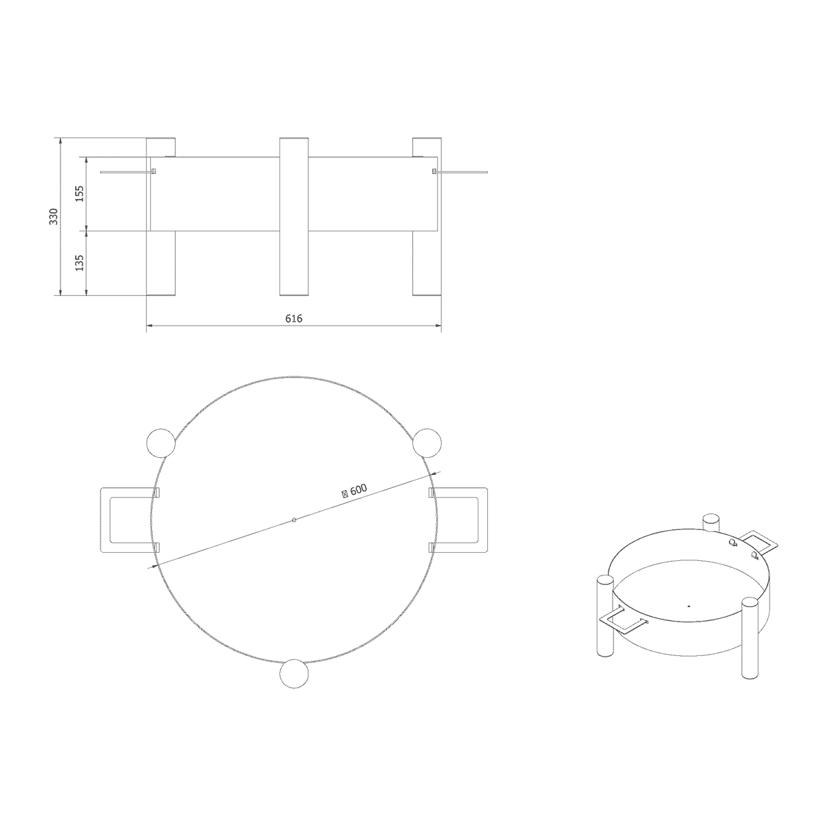 Technische tekening van de Kratki ROTONDO met grillrooster