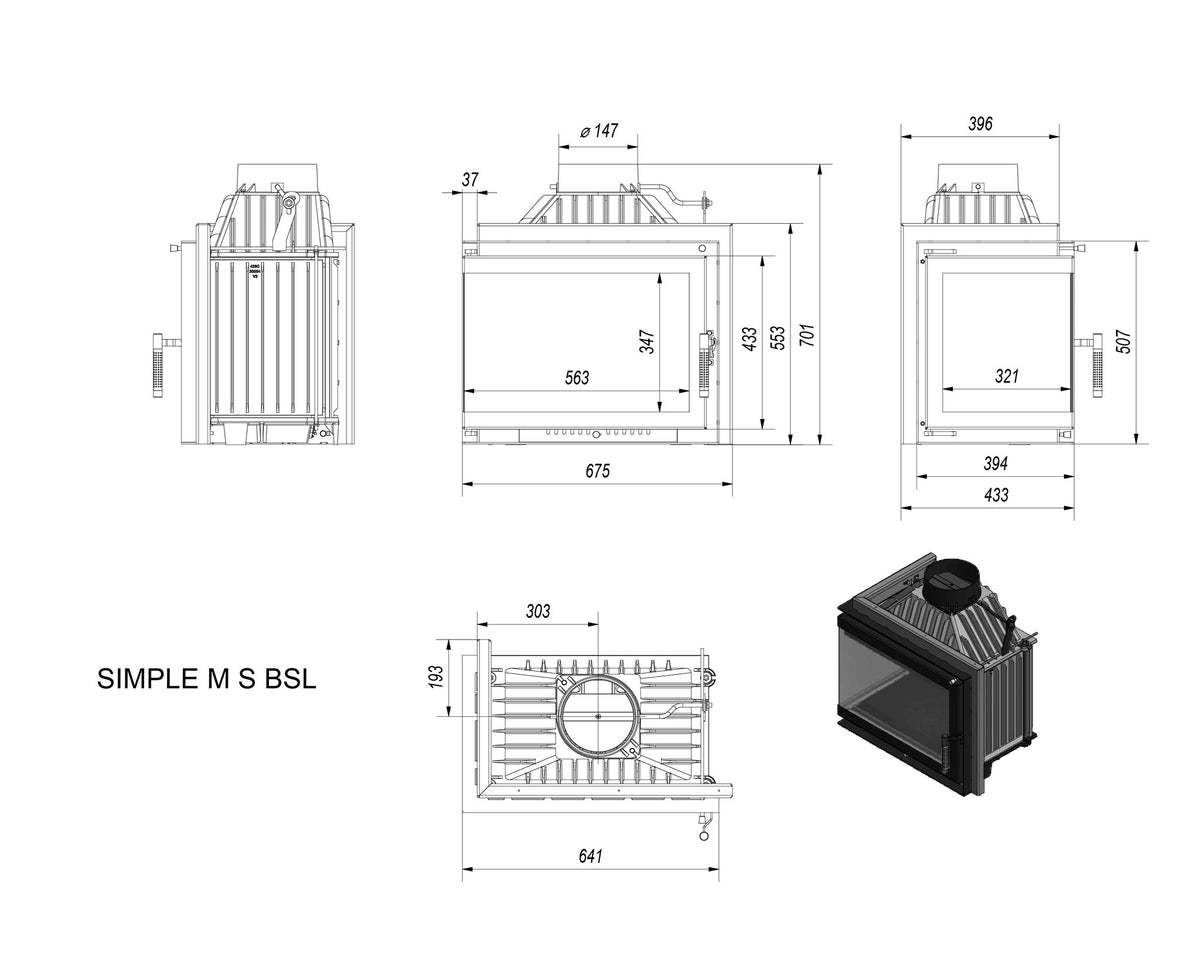 Kratki SIMPLE M gusseiserner Eck-Kamineinsatz für Holz, 8 kW, Eckmodell links – technische Zeichnung