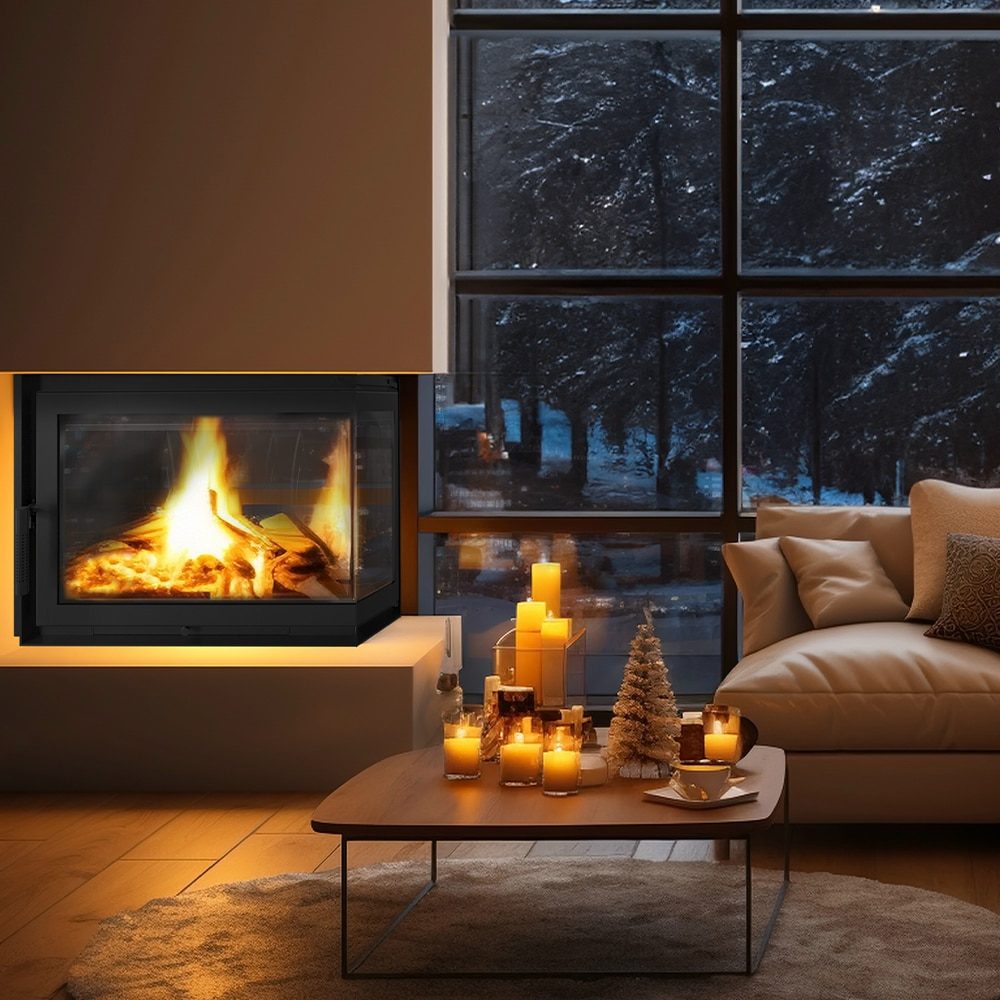 Kratki SIMPLE Z gusseiserner Eck-Kamineinsatz für Holz, 15 kW, Eckmodell rechts – Produktfoto