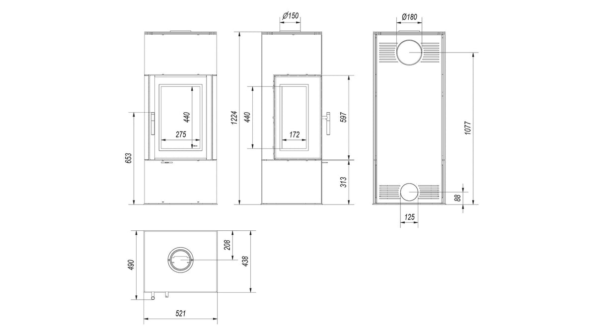 Technische tekening van de Kratki THOR VIEW houtkachel