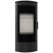 Kratki TITAN houtkachel schuin van voren, met gebogen glas