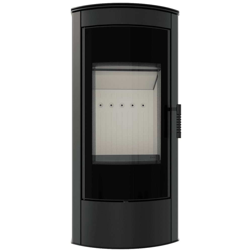 Kratki TITAN houtkachel schuin van voren, met gebogen glas