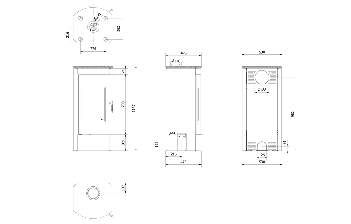 Technische tekening van de Kratki TITAN houtkachel