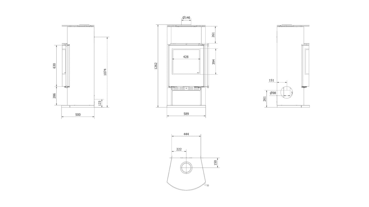 Technische tekening van de Kratki TOFA houtkachel met afmetingen