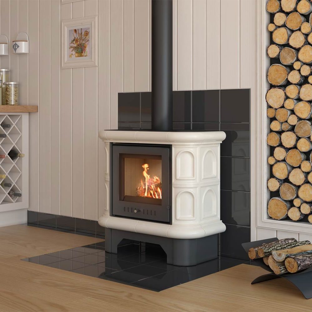 Kratki WK440 KAFEL inbouwhaard hout met brandend vuur