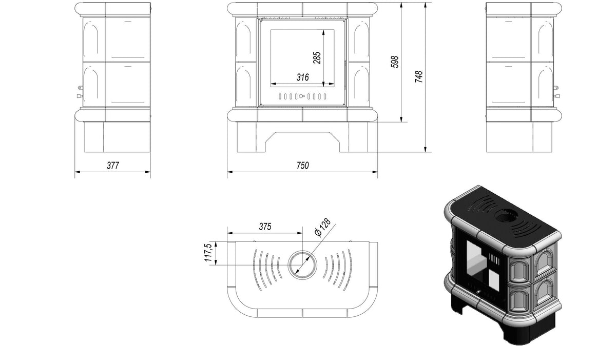 Technische maattekening van de Kratki WK440 houtgestookte cassette