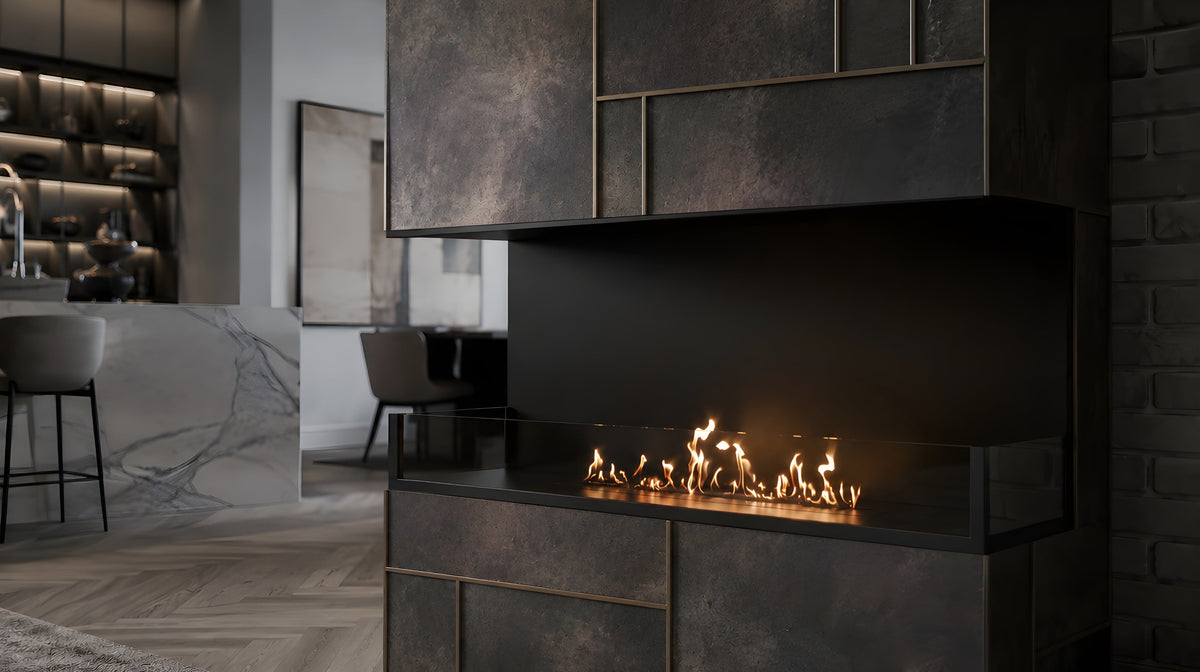 Wild Flame Made driezijdige bio-ethanol inbouwhaard 100 cm – sfeerfoto