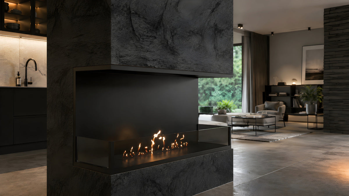 Wild Flame Made driezijdige bio-ethanol inbouwhaard 110 cm – sfeerfoto