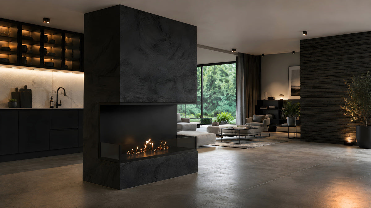 Wild Flame Made driezijdige bio-ethanol inbouwhaard 110 cm – sfeerfoto