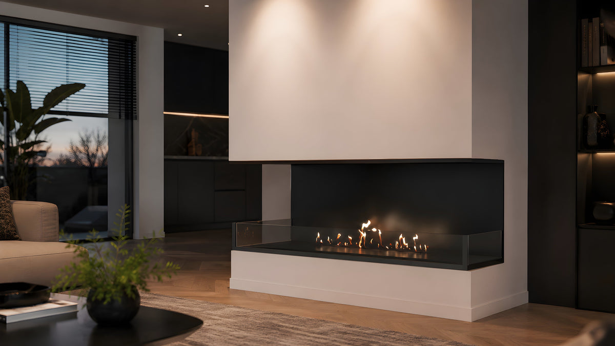 Wild Flame Made driezijdige bio-ethanol inbouwhaard 120 cm – sfeerfoto