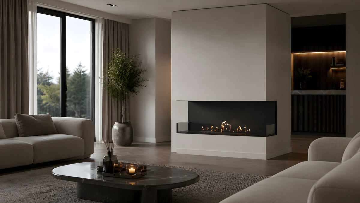 Wild Flame Made driezijdige bio-ethanol inbouwhaard 130 cm – sfeerfoto