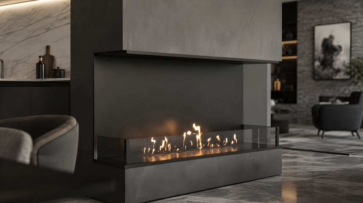 Wild Flame Made driezijdige bio-ethanol inbouwhaard 140 cm – sfeerfoto
