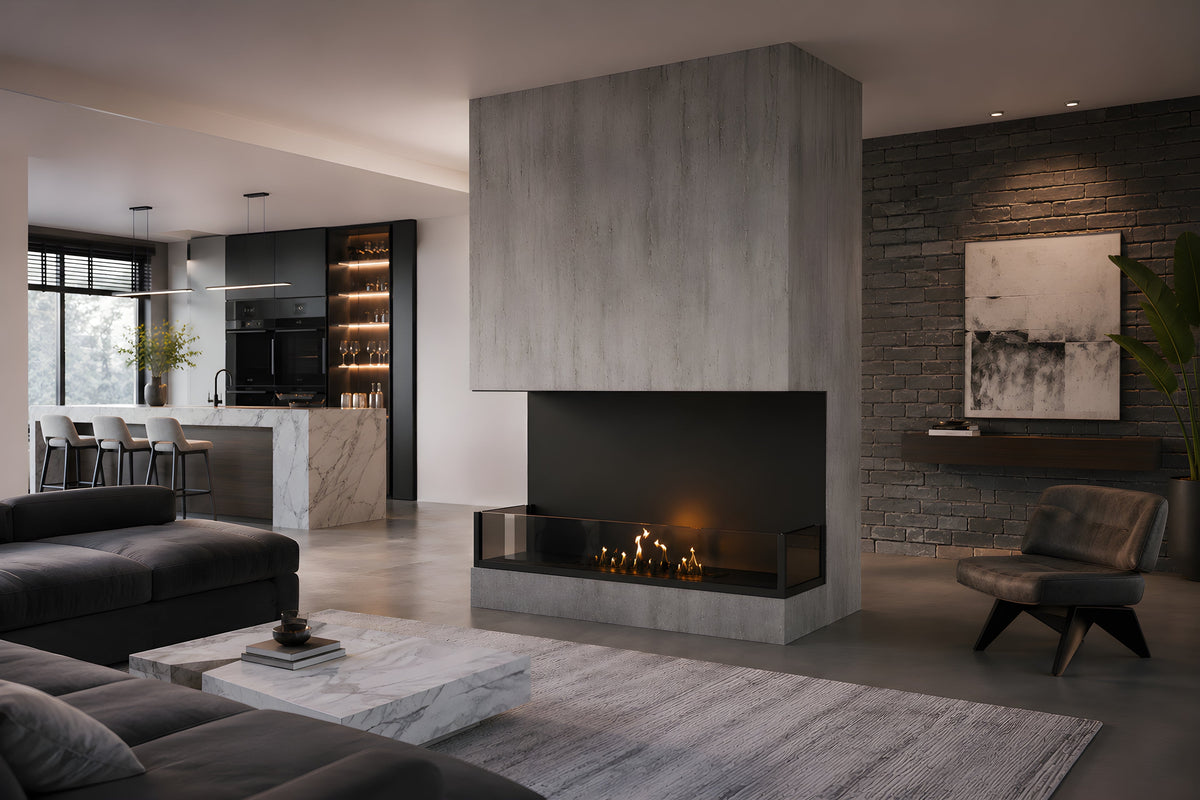 Wild Flame Made driezijdige bio-ethanol inbouwhaard 90 cm – sfeerfoto