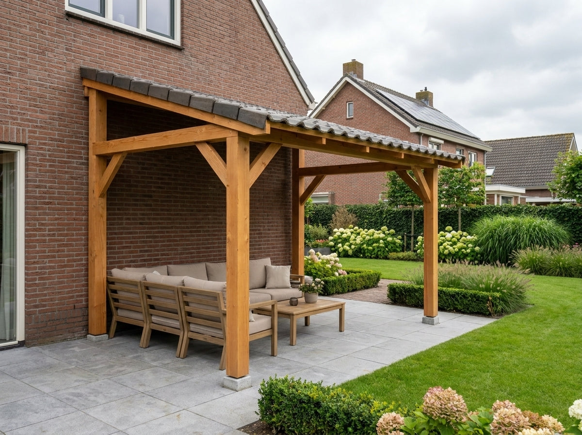 Oblique Roof op Maat 394 x 200 cm – Douglas Houten Buitenverblijf (4 Staanders, Bouwpakket) – dakbeschot 350x250