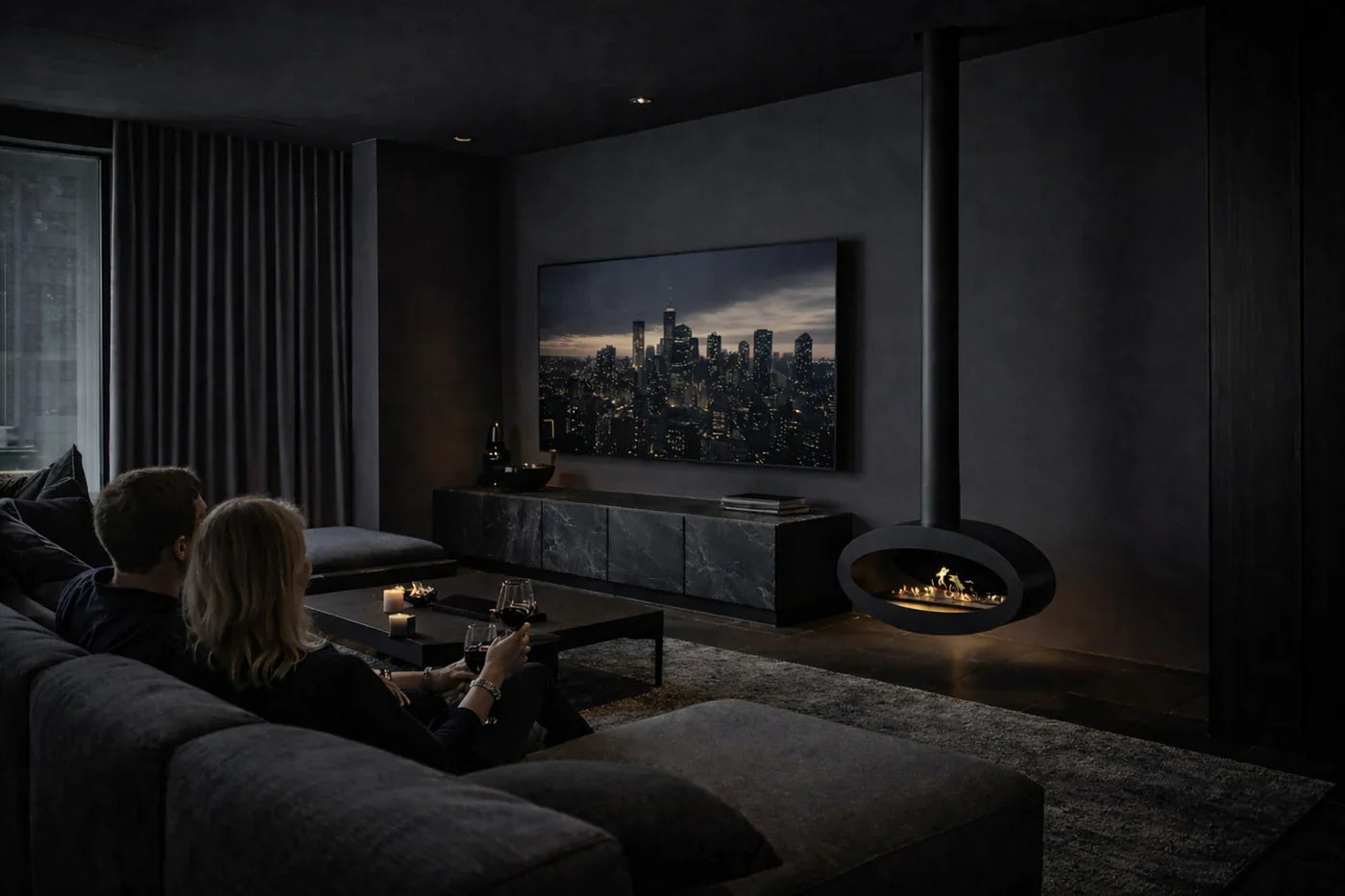 Ova Tube Closed Black Ceiling Fireplace 80 cm