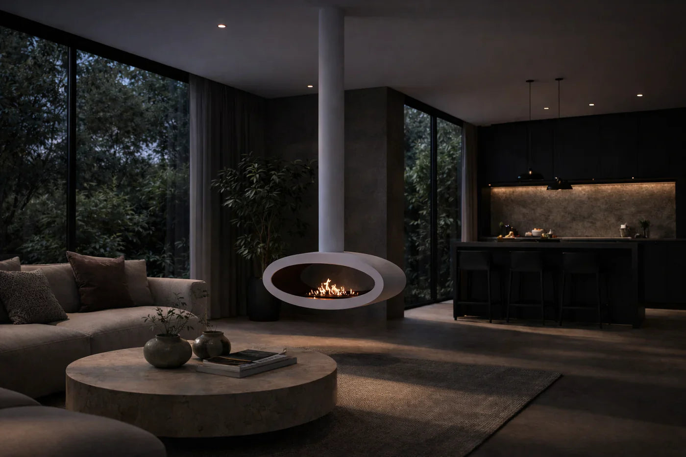 Ova Tube White See-Through Ceiling Fireplace 100 cm