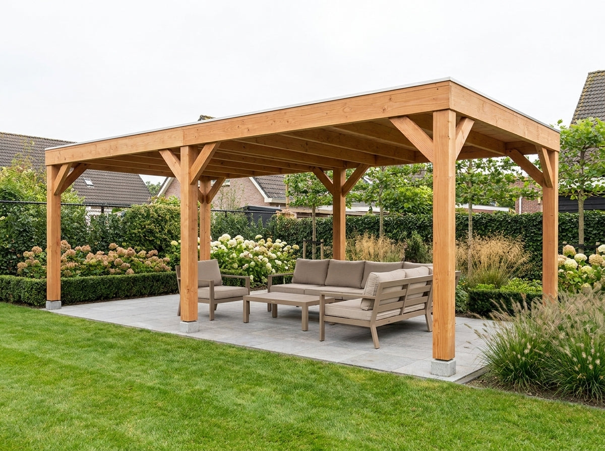 Overkapping van Douglashout YARD Outdoor Cubique 600x300 cm Bouwpakket – lifestyle | sfeerfoto