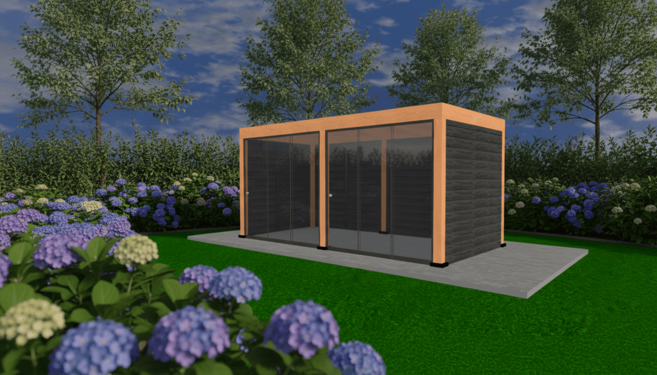Douglas Overkapping 480x250 | Tuinkamer met Glaswanden - YARD Outdoor – glazen schuifwanded | sfeerfoto